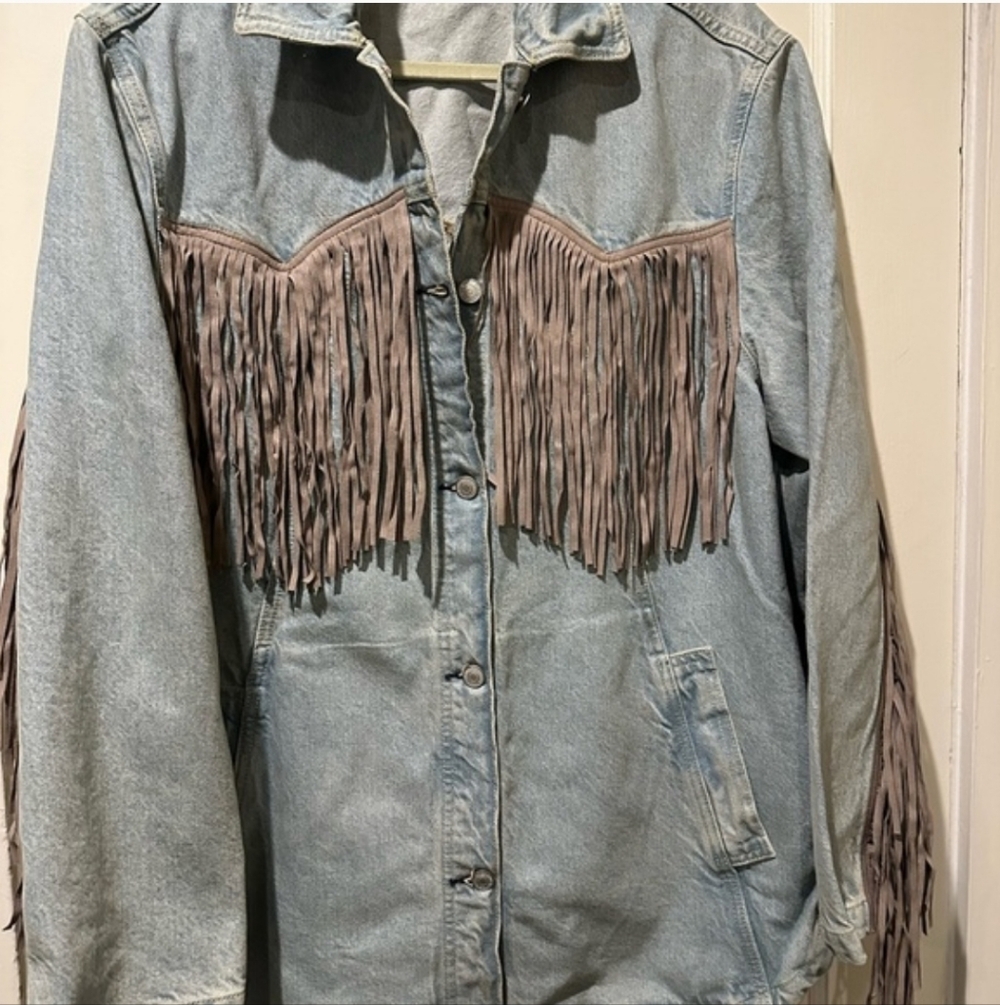 We The Free Light Blue Jean Jacket with Fringe NWOT - Picture 7 of 12